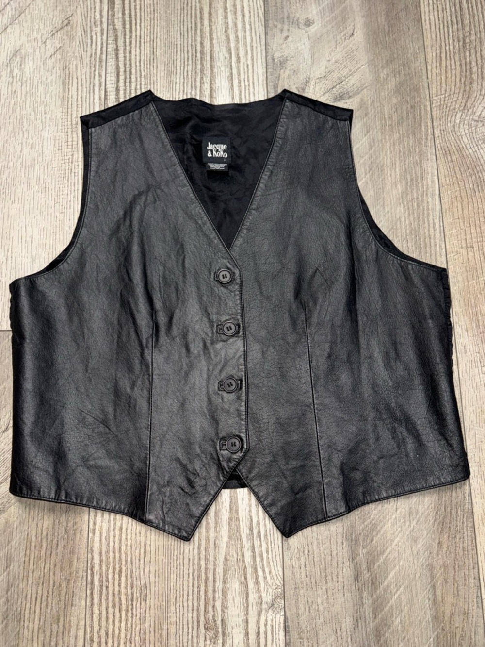 Jacque & Koko Mens Leather Vest Black 4 Button Satan Back Cinch Belt 14/16 L